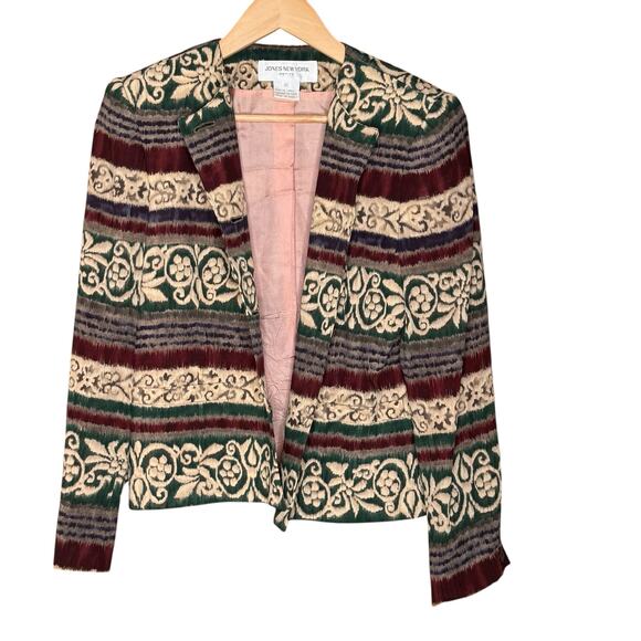 Jones New York Petite Silk Blazer 8P Green Brown Vintage Heritage Style - Picture 3 of 11